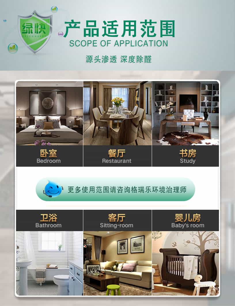 產品適用范圍，SCOPE OF APPLICATION,源頭滲透，深度除醛，臥室，Bedroom,餐廳，Restarant,書房，Study，衛(wèi)浴，Bathroom,客廳，Siting-room,嬰兒房，Baby' room,更多使用范圍請咨詢格瑞樂環(huán)境治理師