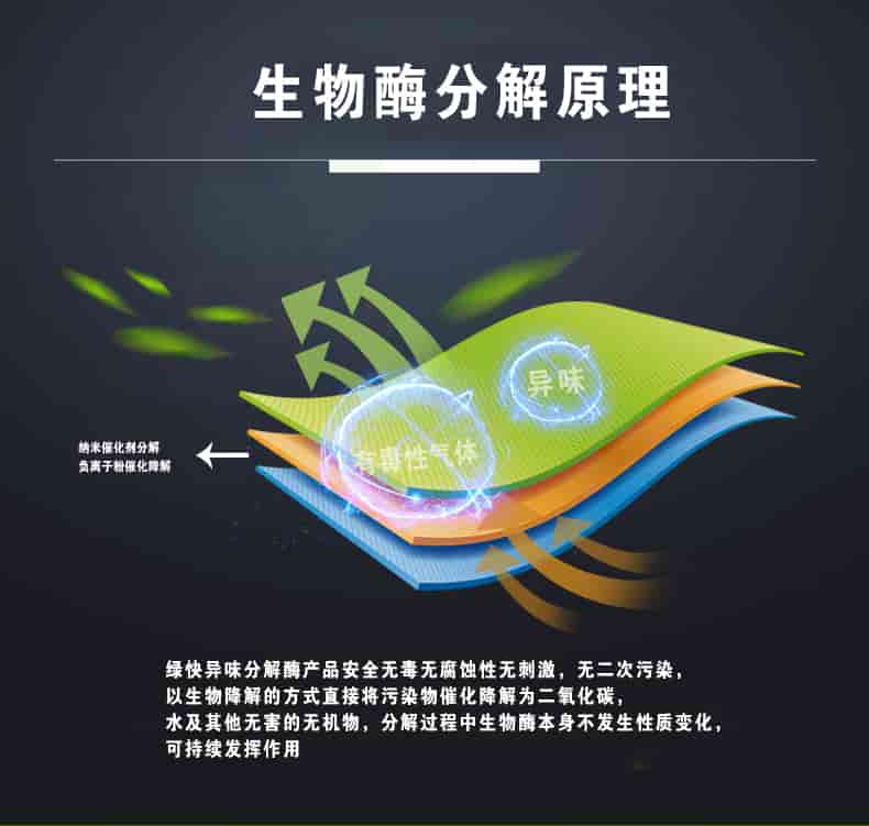 生物酶分解原理，綠快異味分解酶產(chǎn)品安全無毒無腐蝕性無刺激，無二次污染，以生物降解的方式直接將污染物催化降解為二氧化碳，水及其他無害的無機物，分解過程中生物酶本身不發(fā)生性質(zhì)變化，可持續(xù)發(fā)揮作用