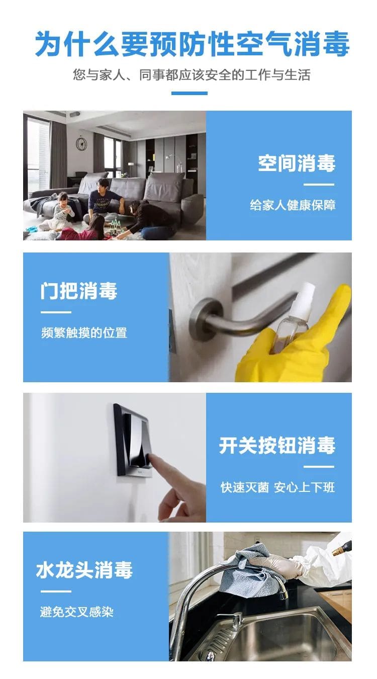 為什么要預(yù)防性空氣消毒,您與家人、同事都應(yīng)該安全的工作與生活,空間消毒,給家人健康保障,門把消毒,頻繁觸摸的位置,開關(guān)按鈕消毒,快速滅菌,安心上下班,水龍頭消毒,避免交叉感染